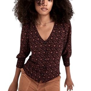 Madewell V-Neck Floral Blouse - Black and Pink